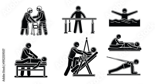 Vector illustration of Various Physical Therapy and Rehabilitation Activities with People
