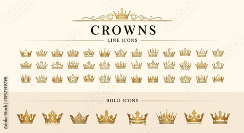 Vector illustration of Gold Crowns in Richly Colorful Detailed Style on Cream Background