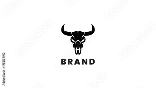A striking black and white illustration of a bull skull with the word BRAND prominently displayed below it, perfect for logos and branding