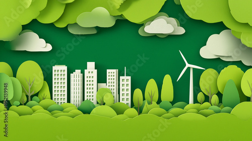 Eco Green City and Urban Forest – Ecology and Environment Conservation Paper Art Vector Illustration