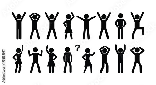 Vector illustration monochrome minimal stick figures in various celebratory poses on white background