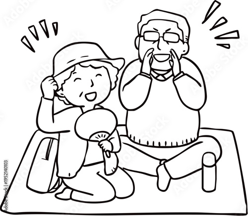 運動会で応援をするおじいちゃんとおばあちゃん_線画