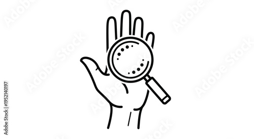 Vector illustration monochrome minimal hand holding magnifying glass isolated on white background for infographic use