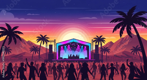 People dancing at vibrant neon party in front of stage with palm trees at sunset