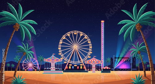 Vibrant nighttime amusement park with ferris wheel palm trees and colorful lights on a beach