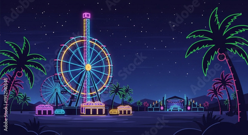 Vibrant nighttime amusement park with ferris wheel palm trees and colorful buildings under starry sky