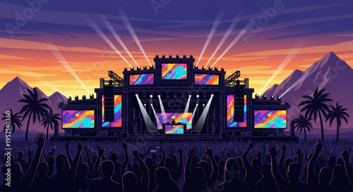 Vibrant music festival stage at sunset with palm trees and mountains