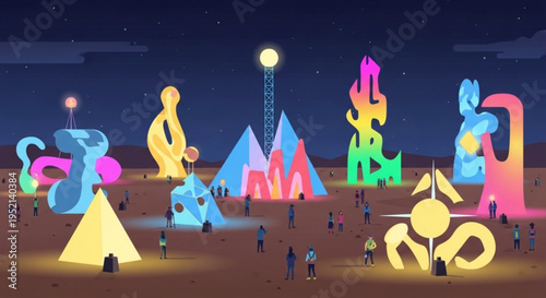 Vibrant festival scene with colorful abstract sculptures at dusk illuminated art installations in desert landscape