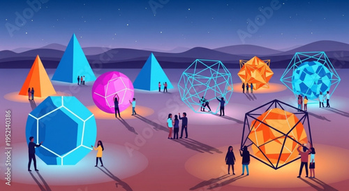People interacting with vibrant geometric shapes in desert landscape at dusk with mountains