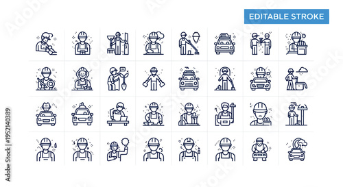 Vector illustration of Richly Colorful Industrial Workers and Vehicles in Blue Tones