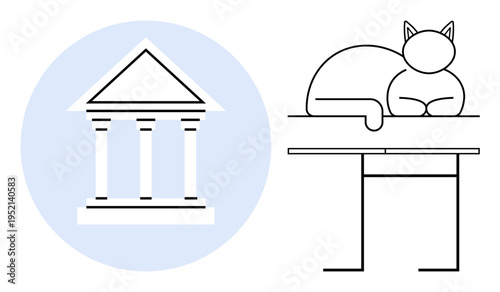 Architecture, leisure, cultural heritage, minimalism, interior decor, relaxation. A classical columned building and a cat lying on a table. Architecture and leisure ion
