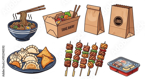 Collection of delicious Asian takeout food items illustration.