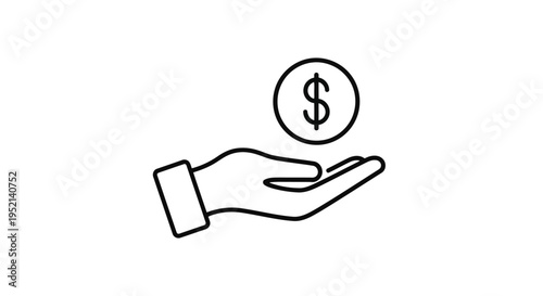 Vector illustration monochrome minimal hand holding dollar coin on isolated white background