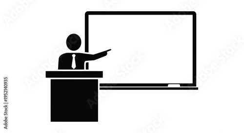 Vector illustration monochrome silhouette of person presenting at podium with screen