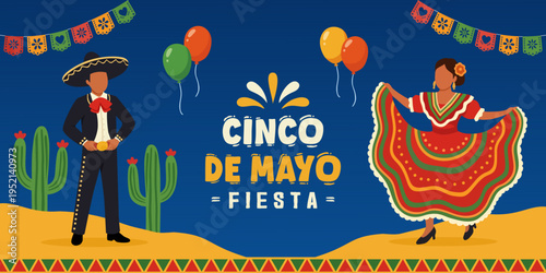 Cinco de Mayo banner illustration with traditional Mexican dancers in festive costumes, sombrero, balloons, cactus, and decorative banners on a vibrant blue background. Vector Illustration