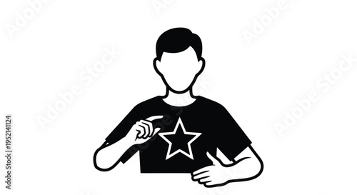 Vector illustration monochrome person pointing to star on shirt with thumb up gesture isolated