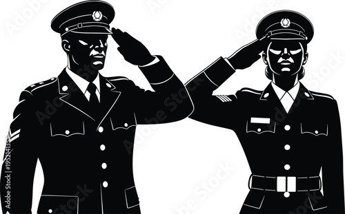 Illustration of male and female military officers in uniform saluting, representing patriotism, armed forces service, national security, veteran respect, and disciplined government authority