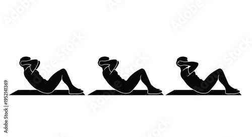 Vector illustration monochrome minimal crunches exercise sequence with black silhouette figures on white background