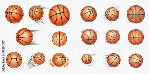 Set of realistic basketballs in various states of motion, including flying, spinning, and bouncing, on a transparent background.