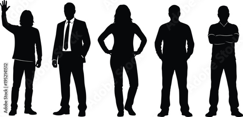 Silhouette of a diverse group of professional people standing together, featuring men and women in various casual and business poses for teamwork and community