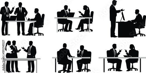 Silhouette set of business people having office meetings, corporate discussions, professional interviews, and collaborative teamwork sessions at desks with laptops and computer monitors