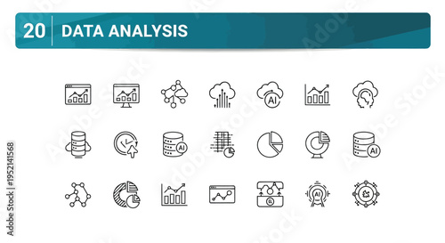 Vector illustration of Twenty Data Analysis Icons in Richly Colorful Detailed Style