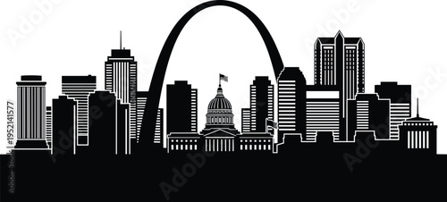 St Louis skyline silhouette featuring Gateway Arch and Old Courthouse, iconic Missouri city landmarks and urban skyscrapers for American travel and architectural graphic design