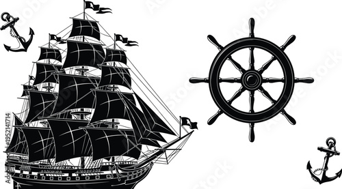 Vintage sailing ship with anchors and ship wheel silhouettes, classic nautical maritime elements set, old sea voyage navigation symbols isolated vector illustration for design