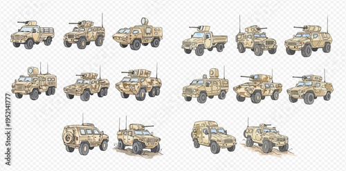 Collection of military vehicles with various armaments and designs, isolated on a white background, showcasing different models of armored cars.