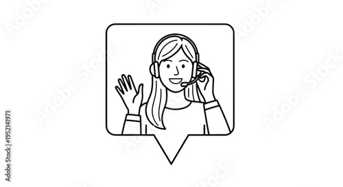 Vector illustration of Smiling Female Customer Support Agent Wearing Headset and Gesturing
