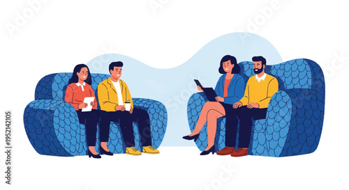 Couple therapy session with psychologist discussing issues and solutions in a comfortable setting