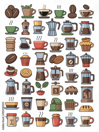 Coffee Brewing Icons and Beverage Illustration Set