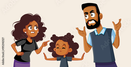 Parents Argue and the Child Separates Them Vector Illustration. Daughter plays the role of neutral mediator in the conflict between mother and father
