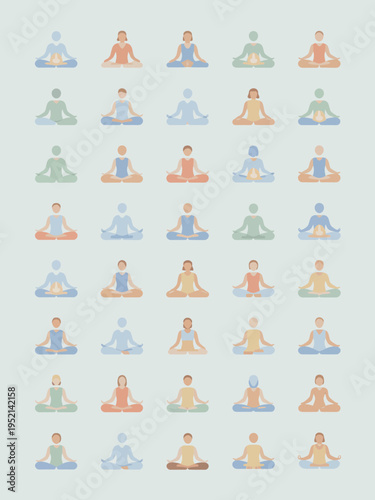 Diverse People Meditating in Yoga Lotus Pose Flat Vector Illustration