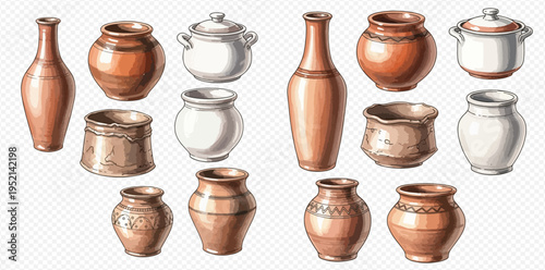 Collection of hand-drawn ceramic pots and vases, traditional earthenware kitchen utensils, and decorative pottery.