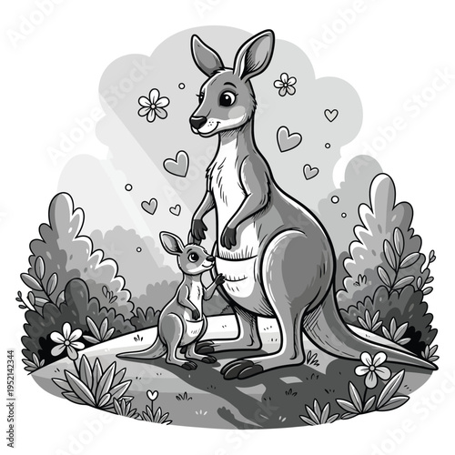 Mothers day kangaroo and joey cuddling in garden