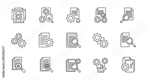 Vector illustration of Gears, Documents, and Magnifying Glasses in Richly Colorful Detailed Style
