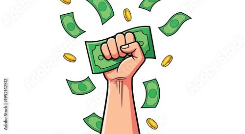 Vector illustration richly colorful hand holding cash surrounded by floating money on isolated background