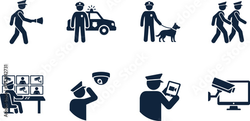 Professional Security and Surveillance Icon Set Featuring Police Officers Security Guards Patrol Vehicles and CCTV Monitoring Silhouettes