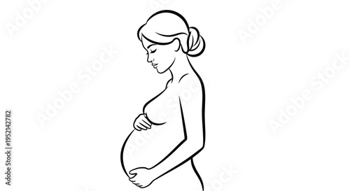 Vector illustration pregnant Woman in Minimal Flat Touching Belly on White Background
