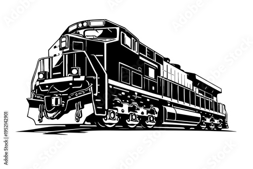Low-angle perspective of a freight locomotive emphasizing massive engine body