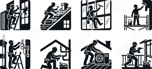 Professional Home Maintenance and Repair Service Icon Set Featuring Technicians Fixing Windows Roofing Electrical Plumbing and AC Units