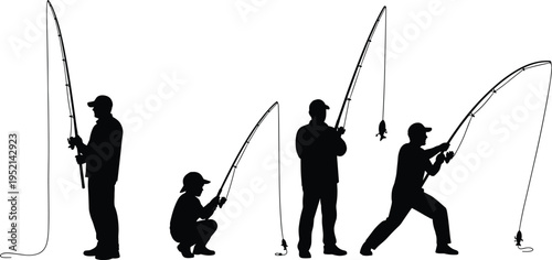 Fishing man silhouette set with different casting poses, angler catching fish with rod, isolated vector collection for sport, hobby, outdoor activity design