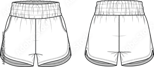 Front and back view of athletic running shorts technical fashion template with elastic waistband pockets detailed stitching vector apparel mockup design