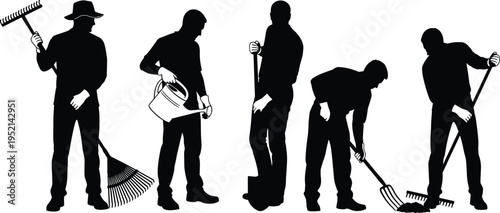 Gardener and farmer worker silhouettes set with rake, shovel, watering can tools, agriculture and gardening activity collection isolated vector illustration