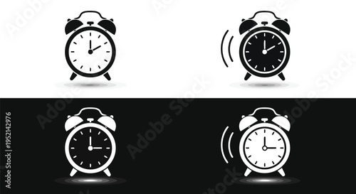 Vector illustration detailed of four alarm clocks on white and black backgrounds