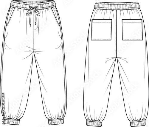 Men jogger pants technical fashion drawing front and back view, casual sweatpants template with pockets isolated vector clothing design illustration
