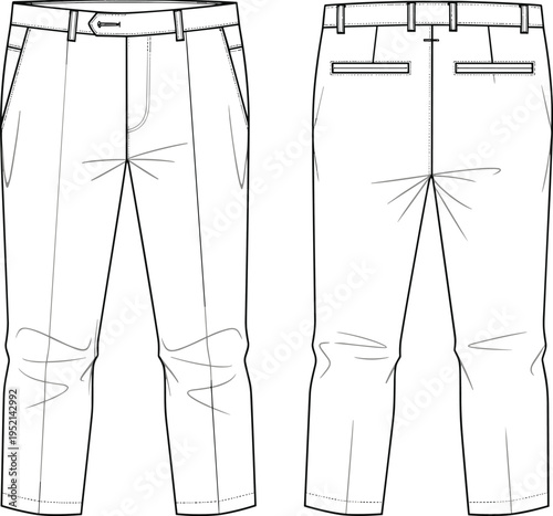 Men chino pants technical fashion drawing front and back view, classic casual trousers template isolated vector clothing design illustration
