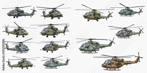 Collection of military helicopters in various camouflage patterns, isolated on a transparent background, ready for use in design projects.