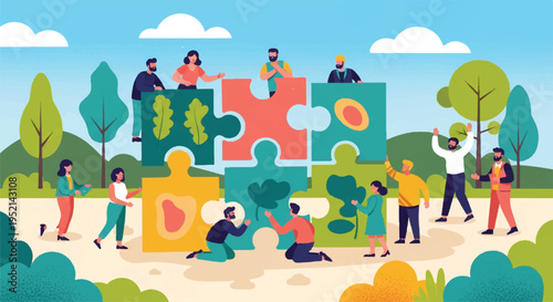 Diverse group of people working together to build a giant puzzle, symbolizing teamwork and community